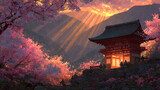 Amanecer dorado en el templo japonés