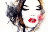 Retrato acuarelado femenino con labios rojos