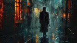 Silueta en callejón de lluvia nocturna