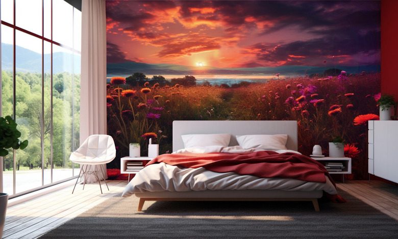 puesta de sol sobre prados fotomurales para dormitorio fotomurales demural