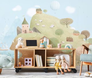 colinas en tonos pastel y ovejitas en un mundo de cuento fotomurales para cuarto de ninos fotomurales demural
