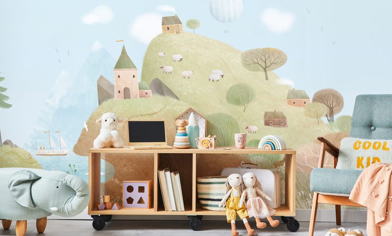 colinas en tonos pastel y ovejitas en un mundo de cuento fotomurales para cuarto de ninos fotomurales demural