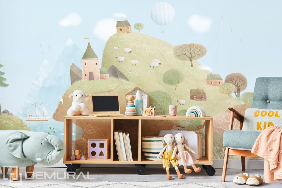 Colinas en tonos pastel y ovejitas en un mundo de cuento Fotomurales para cuarto de niños Fotomurales Demural