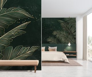 hojas doradas sobre un fondo tropical esmeralda fotomurales para dormitorio fotomurales demural