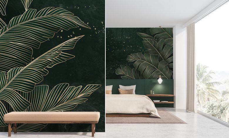 hojas doradas sobre un fondo tropical esmeralda fotomurales para dormitorio fotomurales demural