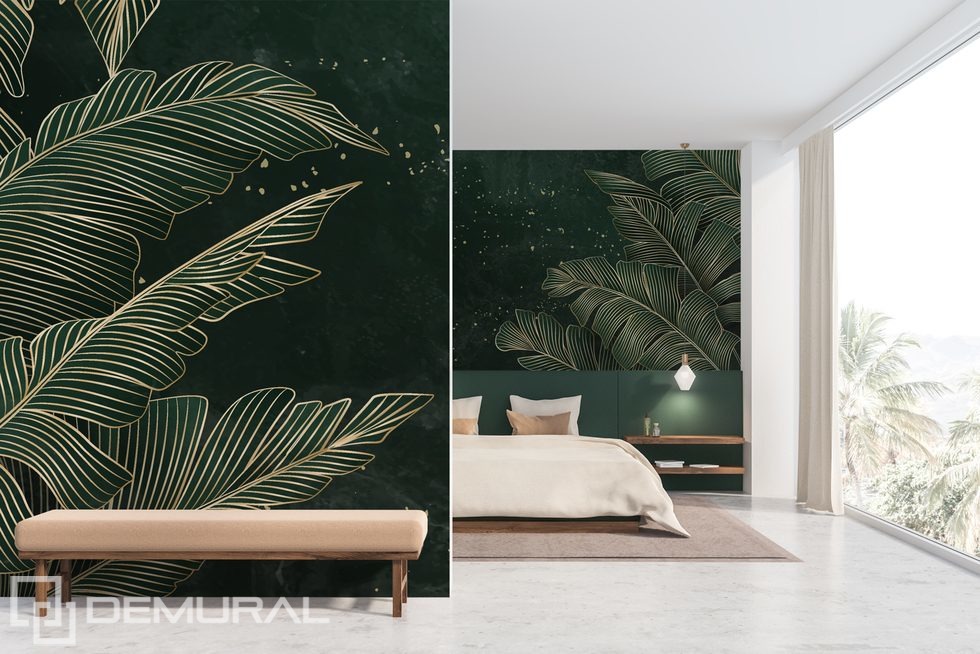 Hojas doradas sobre un fondo tropical esmeralda Fotomurales para dormitorio Fotomurales Demural