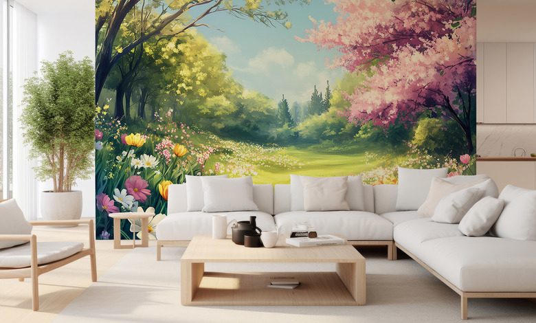 jardin primaveral lleno de luz floral fotomurales para salon fotomurales demural