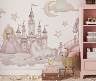 castillo de cuento con una princesa y un unicornio fotomurales para cuarto de ninos fotomurales demural