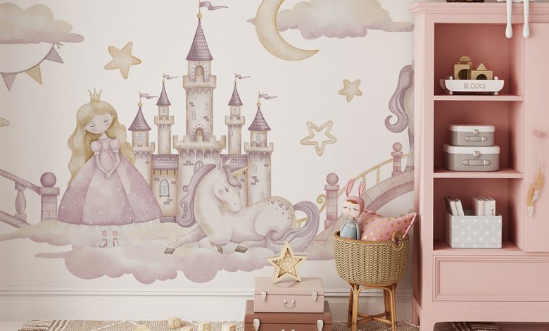castillo de cuento con una princesa y un unicornio fotomurales para cuarto de ninos fotomurales demural