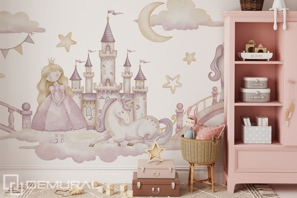 Castillo de cuento con una princesa y un unicornio Fotomurales para cuarto de niños Fotomurales Demural