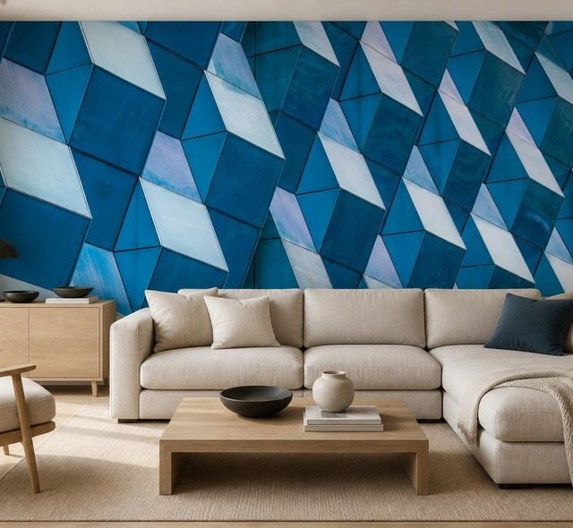 geometria contrastante de paneles tridimensionales en intensos tonos de azul fotomurales arquitectura fotomurales demural