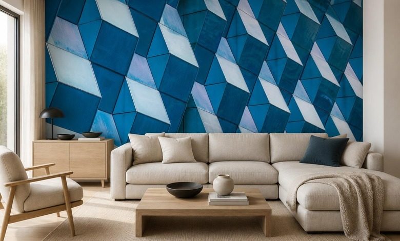 geometria contrastante de paneles tridimensionales en intensos tonos de azul fotomurales arquitectura fotomurales demural
