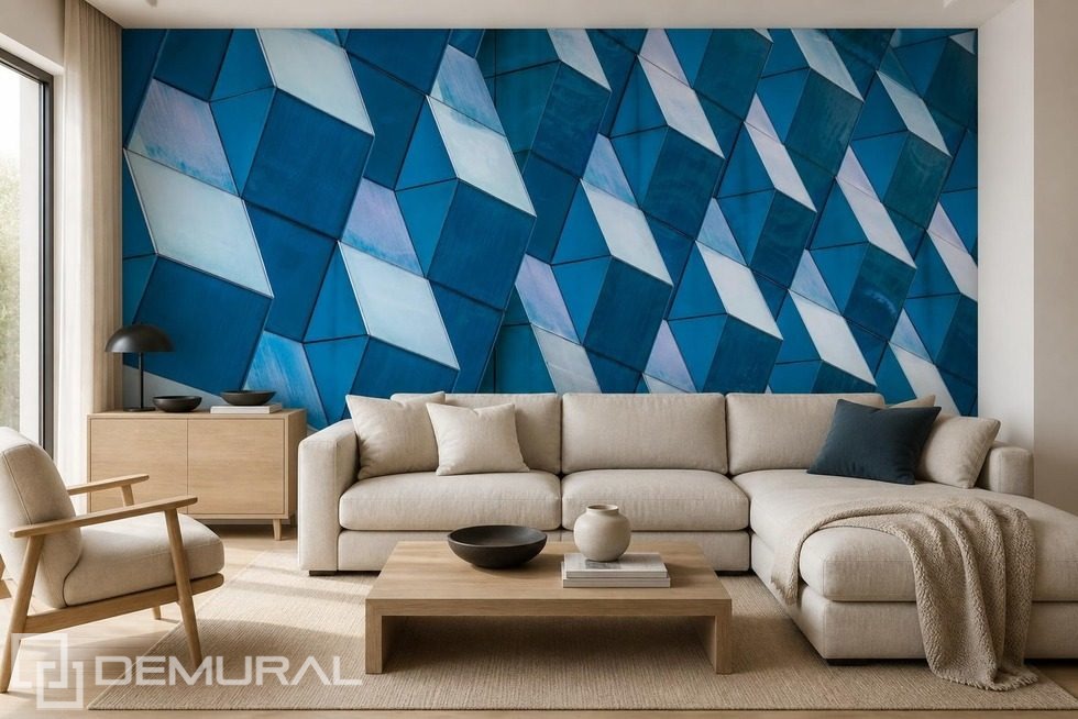 Geometría contrastante de paneles tridimensionales en intensos tonos de azul Fotomurales Arquitectura Fotomurales Demural