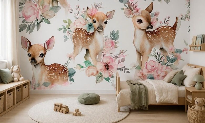 armonia pastel de ciervos y flores fotomurales para cuarto de ninos fotomurales demural