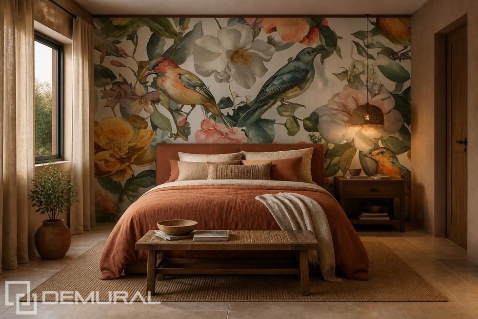 Composición espacial de aves y flores Fotomurales para dormitorio Fotomurales Demural