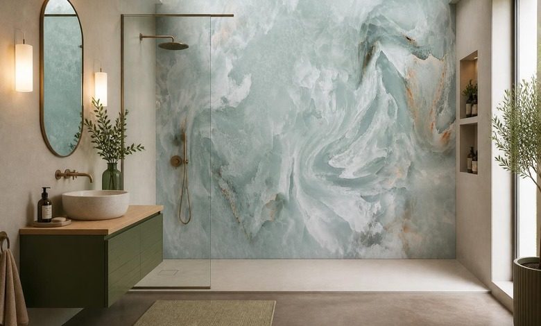 tonos verdes suaves en un diseno marmoleado fotomurales para cuarto de bano fotomurales demural