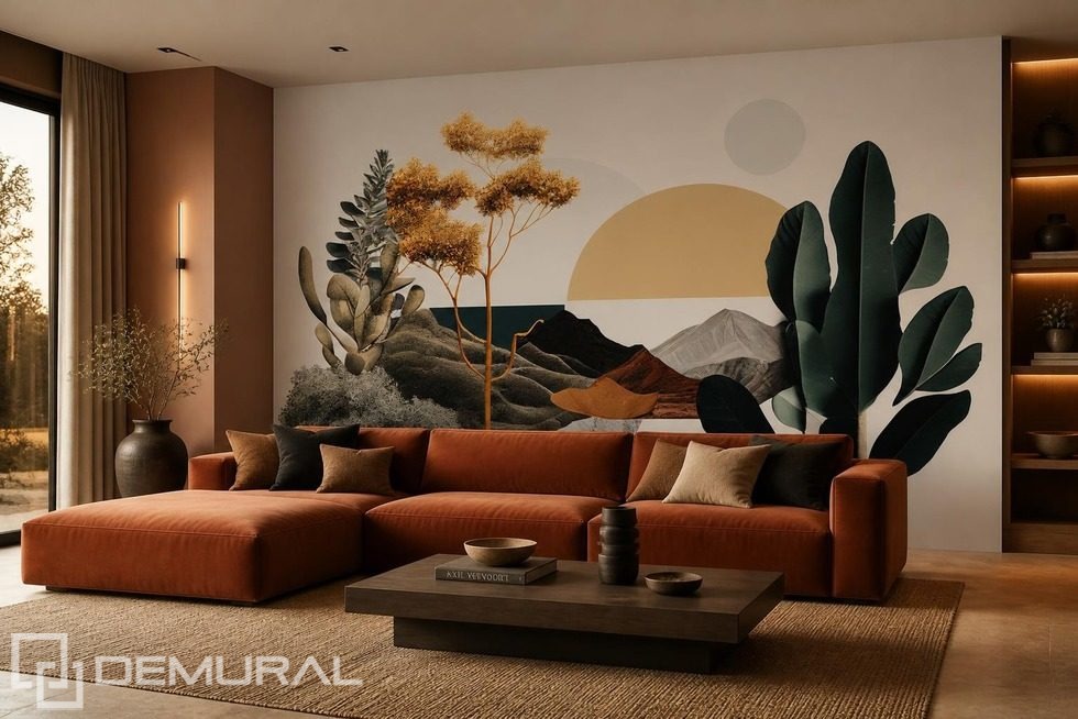 Contraste de tonos cálidos y verde profundo Fotomurales para salón Fotomurales Demural