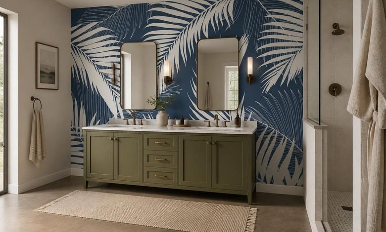 fondo azul marino con motivo blanco de hojas de palma fotomurales para cuarto de bano fotomurales demural