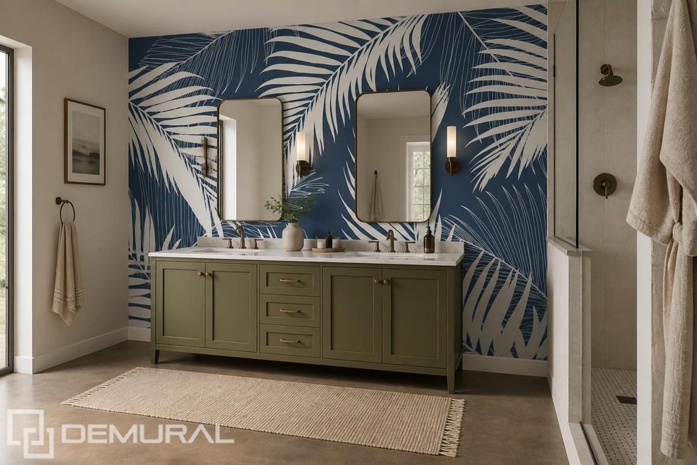 Fondo azul marino con motivo blanco de hojas de palma Fotomurales para cuarto de baño Fotomurales Demural