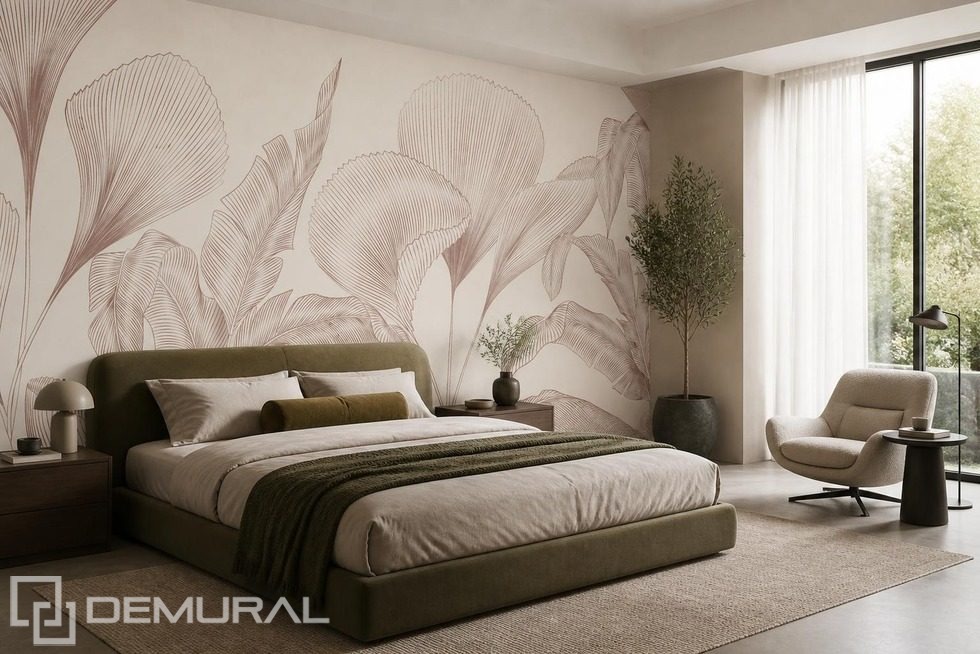 Motivo minimalista de hojas en una paleta sobria Fotomurales para dormitorio Fotomurales Demural