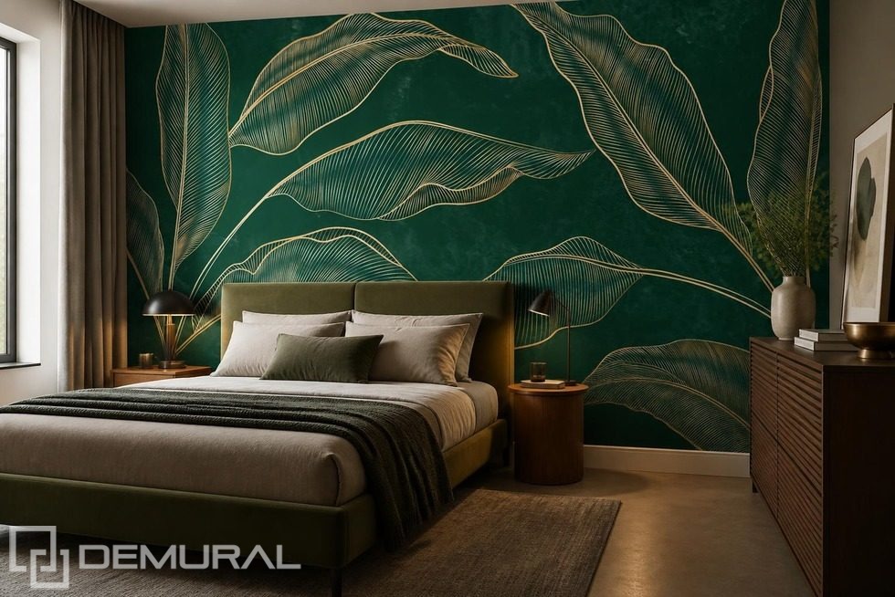 Composición expansiva de hojas doradas sobre fondo oscuro Fotomurales para dormitorio Fotomurales Demural