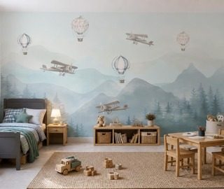 contraste de globos delicados y paisaje montanoso fotomurales para cuarto de ninos fotomurales demural