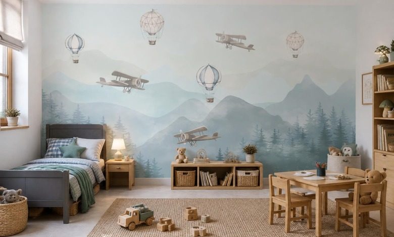 contraste de globos delicados y paisaje montanoso fotomurales para cuarto de ninos fotomurales demural