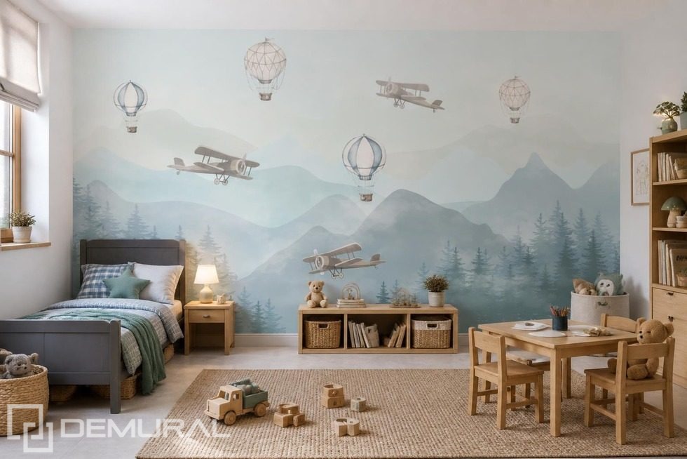 Contraste de globos delicados y paisaje montañoso Fotomurales para cuarto de niños Fotomurales Demural