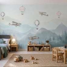 Contraste-de-globos-delicados-y-paisaje-montanoso-fotomurales-para-cuarto-de-ninos-fotomurales-demural