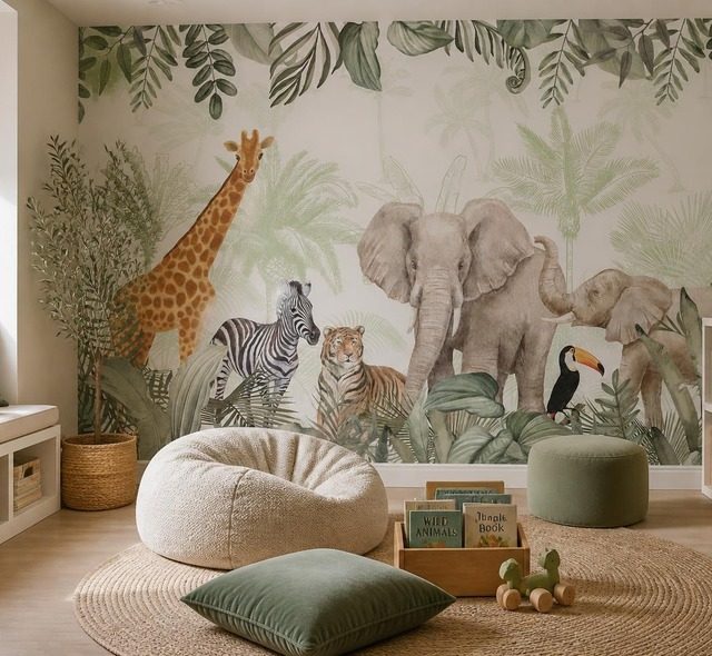 motivo decorativo de jungla con animales salvajes fotomurales para cuarto de ninos fotomurales demural