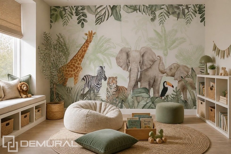 Motivo decorativo de jungla con animales salvajes Fotomurales para cuarto de niños Fotomurales Demural